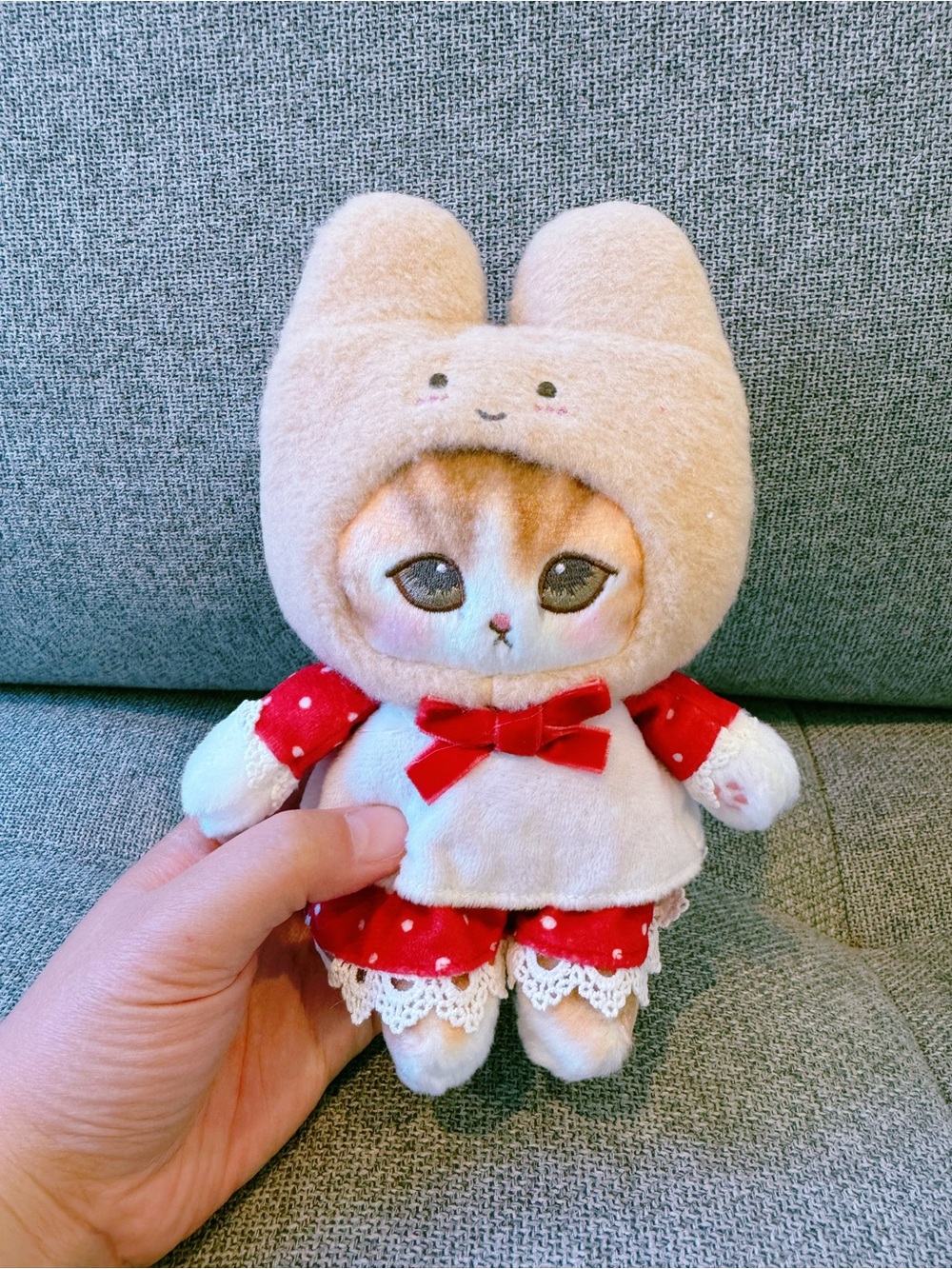 Plush Cat Doll in Cream Hood with Red Outfit
